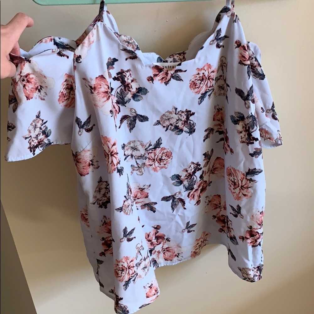 Floral Scalloped Cold Shoulder Top